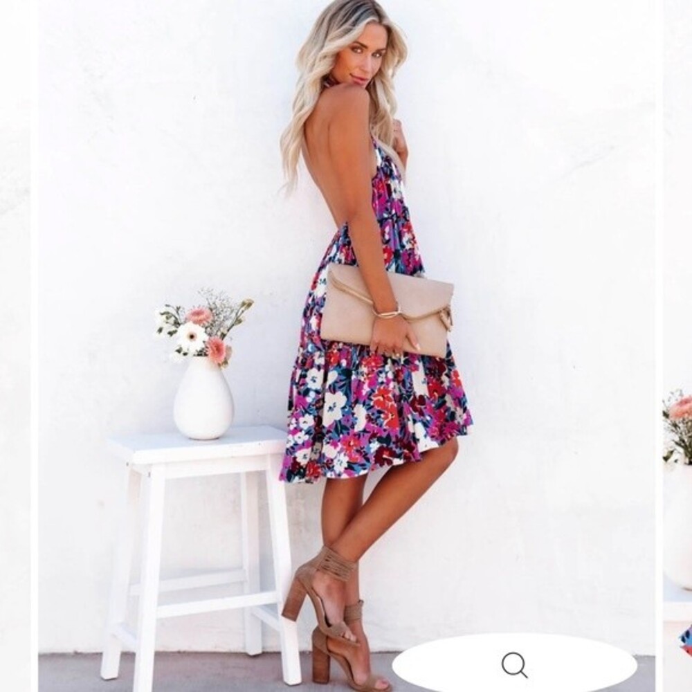 Vici Map Of Spring Floral Backless Halter Mini Dress S NWOT
